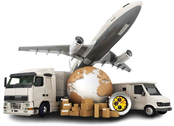 Global logistics concept featuring plane, truck, van, globe, and boxes